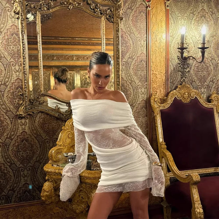 שמלת מיני כתפיים חשופות בעיצוב תחרה - דולי