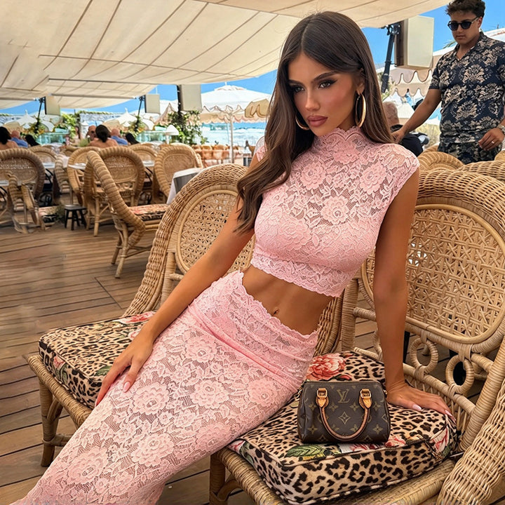 סט שני חלקים תחרה טופ קרופ צווארון גבוה וחצאית מקסי - CORALIE
