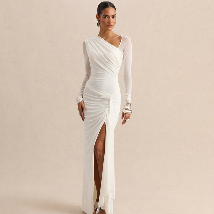 שמלת מקסי צווארון אלכסוני עם שרוולי רשת שקופים ושסע גבוה - ELODIE