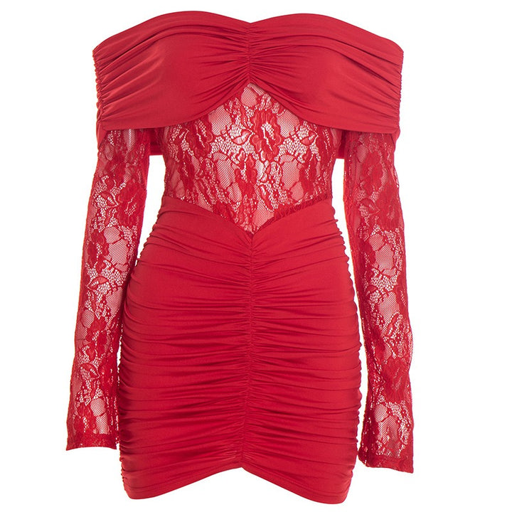 שמלת מיני כתפיים חשופות בעיטור תחרה - אוריה