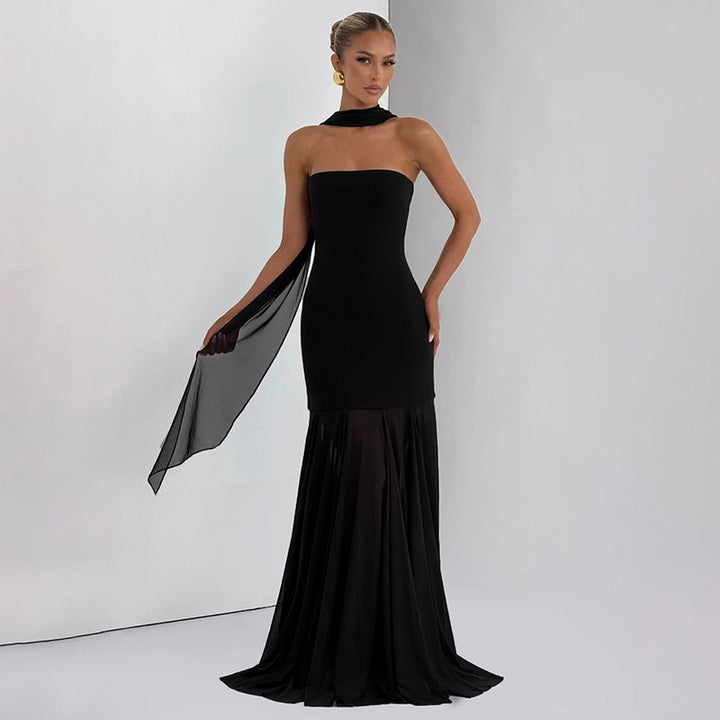 שמלת מקסי סטרפלס בעיצוב שיפון בעיטור צעיף תואם - ג׳יג׳י