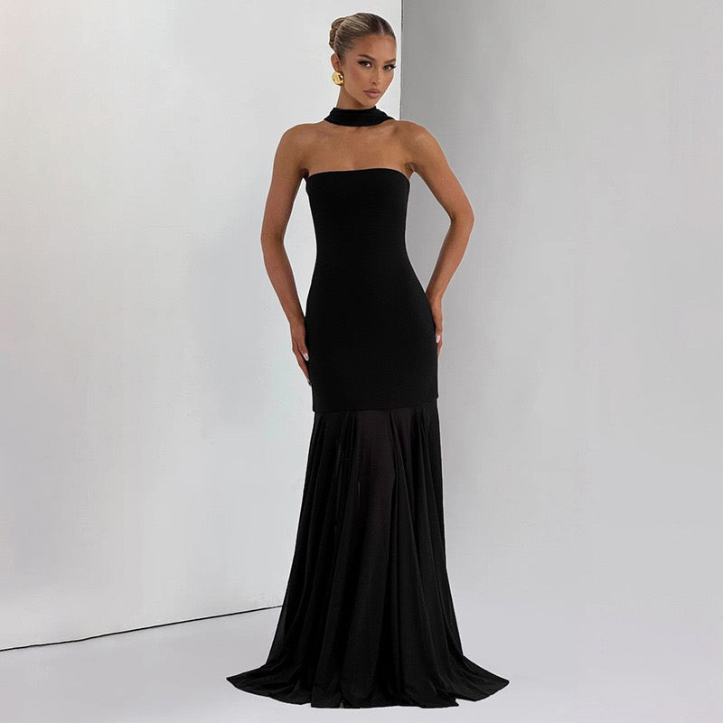 שמלת מקסי סטרפלס בעיצוב שיפון בעיטור צעיף תואם - ג׳יג׳י