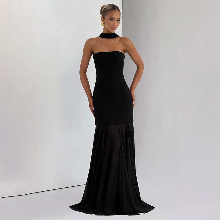 שמלת מקסי סטרפלס בעיצוב שיפון בעיטור צעיף תואם - ג׳יג׳י