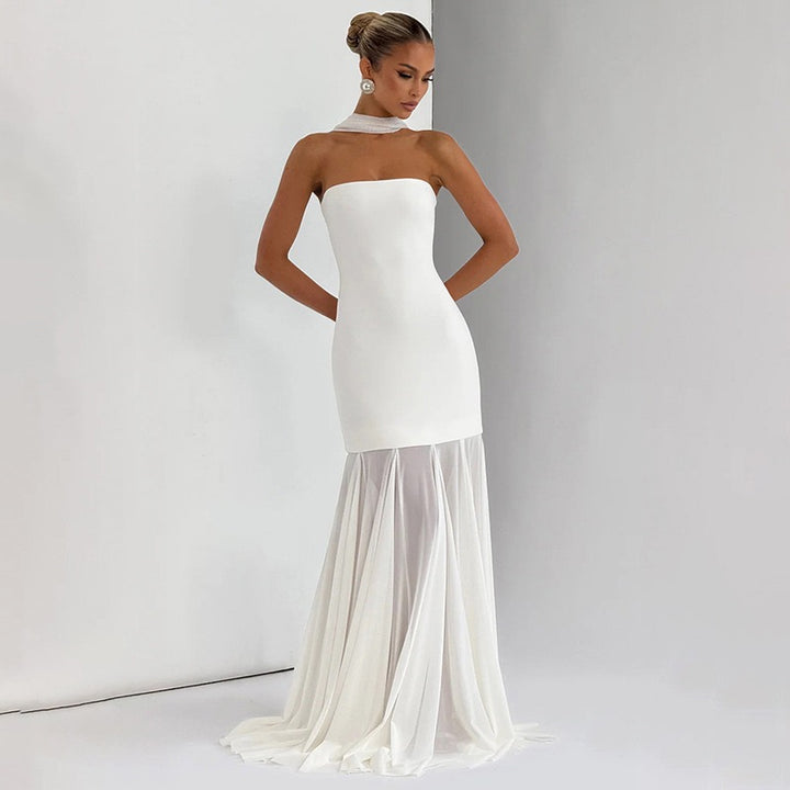 שמלת מקסי סטרפלס בעיצוב שיפון בעיטור צעיף תואם - ג׳יג׳י