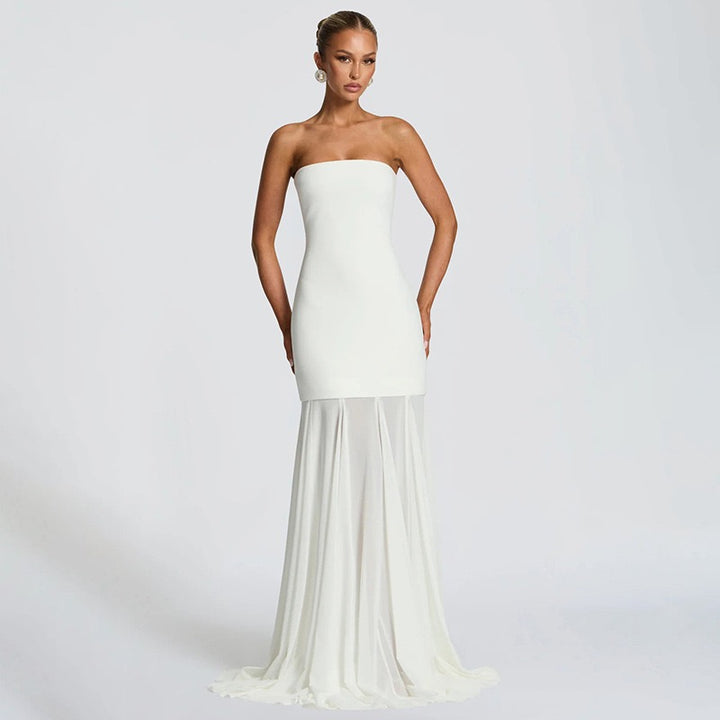 שמלת מקסי סטרפלס בעיצוב שיפון בעיטור צעיף תואם - ג׳יג׳י