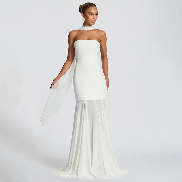 שמלת מקסי סטרפלס בעיצוב שיפון בעיטור צעיף תואם - ג׳יג׳י