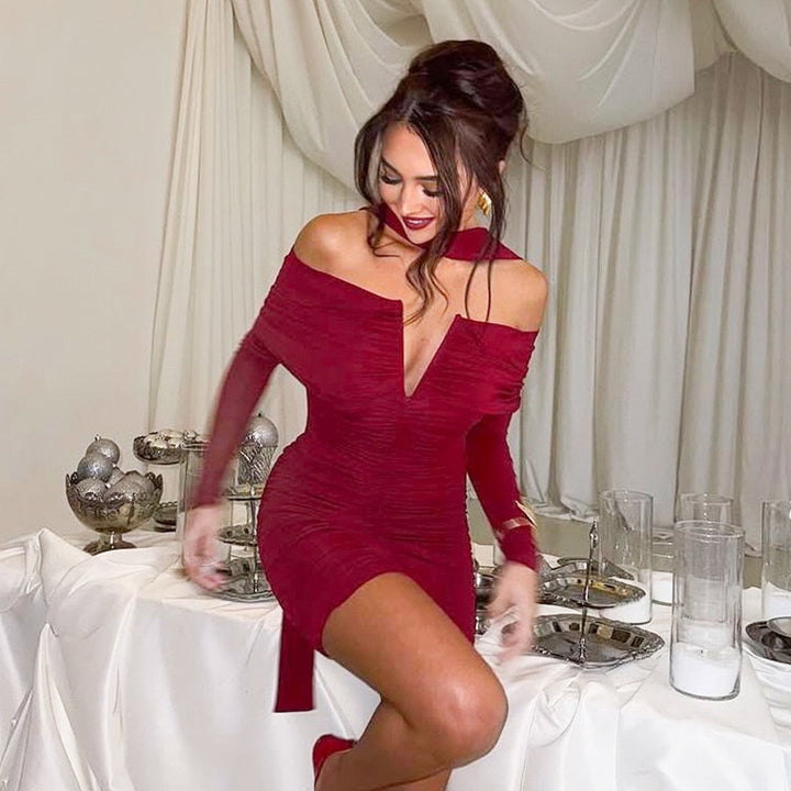 שמלת מיני בעיצוב כיווצים כתפיים חשופות - ג׳ימי