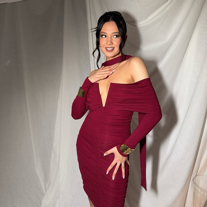 שמלת מיני בעיצוב כיווצים כתפיים חשופות - ג׳ימי