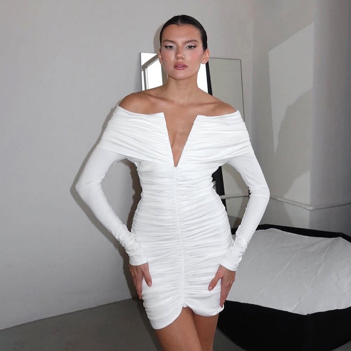 שמלת מיני בעיצוב כיווצים כתפיים חשופות - ג׳ימי