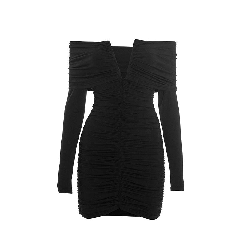 שמלת מיני בעיצוב כיווצים כתפיים חשופות - ג׳ימי