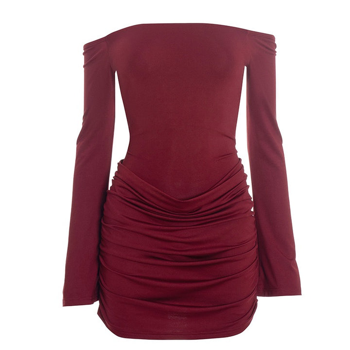 שמלת מיני בעיצוב בגד גוף וקיפולים כתפיים חשופות - רוקי