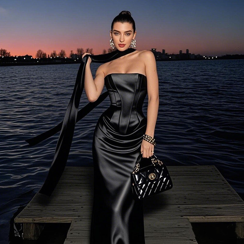 סט שני חלקים סאטן חצאית מקסי וטופ סטרפלס בעיטור צעיף תואם - Amori