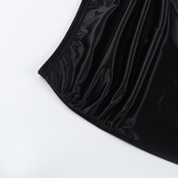 סט שני חלקים סאטן חצאית מקסי וטופ סטרפלס בעיטור צעיף תואם - Amori