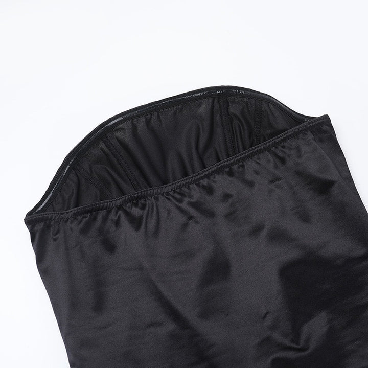 סט שני חלקים סאטן חצאית מקסי וטופ סטרפלס בעיטור צעיף תואם - Amori