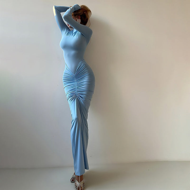 שמלת מקסי כיווצים צווארון חצי גולף - מירי