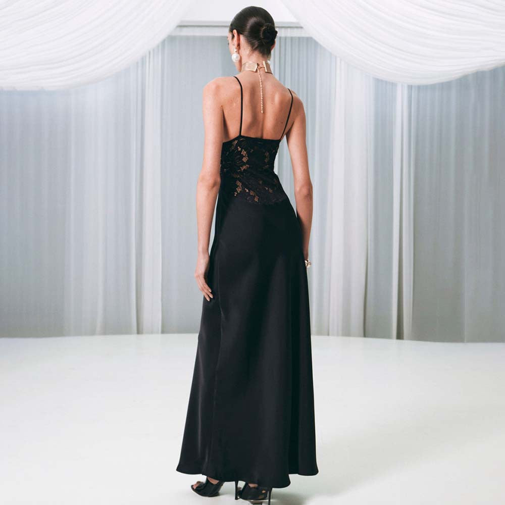 שמלת מקסי סאטן בעיצוב שסע ותחרה - אמורי