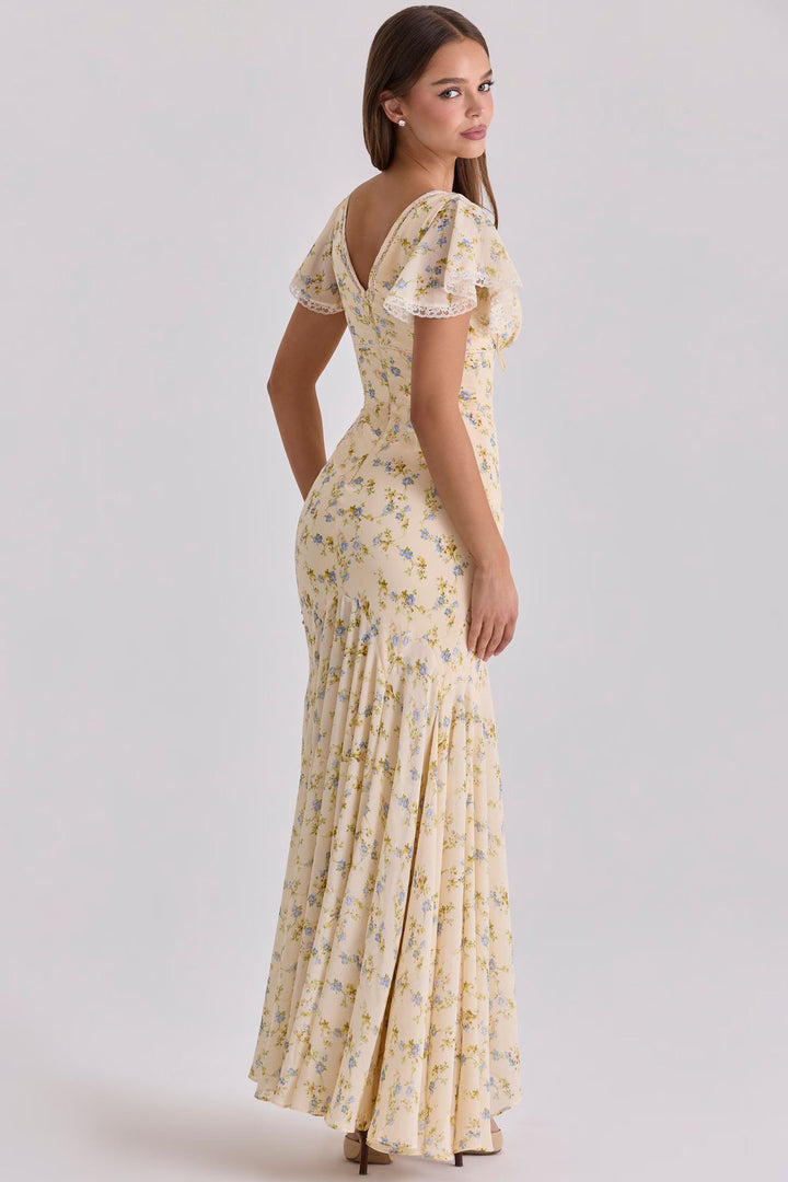 שמלת מקסי סאטן פרחונית בעיטור תחרה - FLORIE