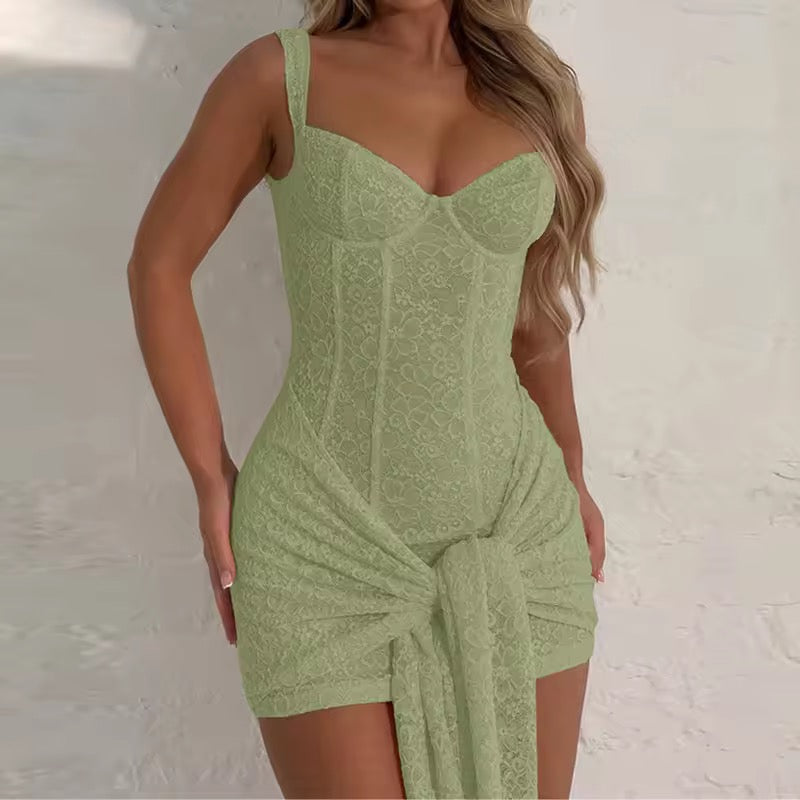 שמלת מיני תחרה בעיטור קשירה - רוזרי