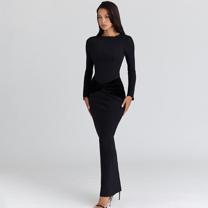 שמלת מקסי בעיטור כיווצי קטיפה - Sela