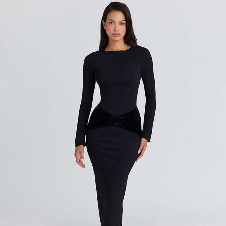 שמלת מקסי בעיטור כיווצי קטיפה - Sela