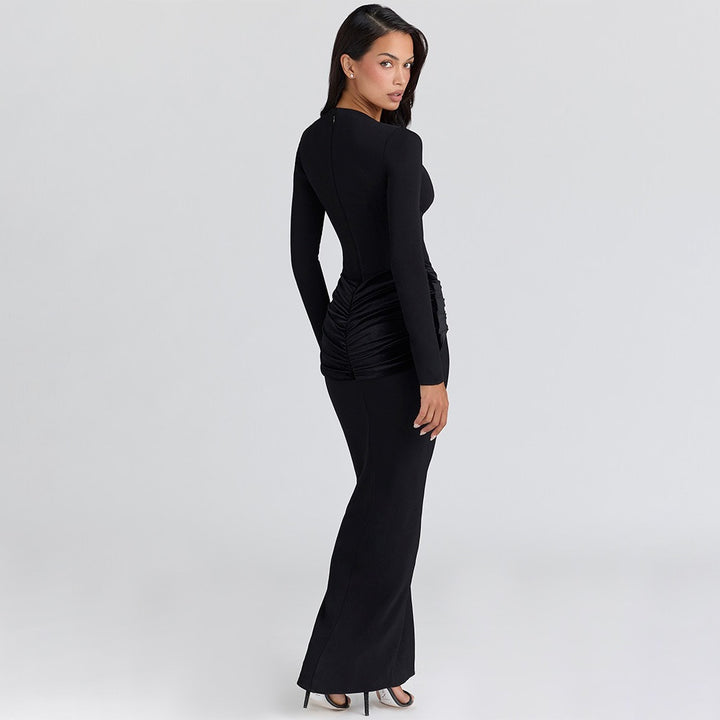 שמלת מקסי בעיטור כיווצי קטיפה - Sela