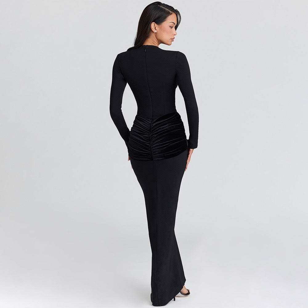 שמלת מקסי בעיטור כיווצי קטיפה - Sela