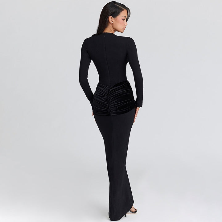 שמלת מקסי בעיטור כיווצי קטיפה - Sela