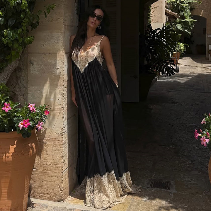 שמלת מקסי שיפון בעיטור תחרה גב פתוח - שיראלה