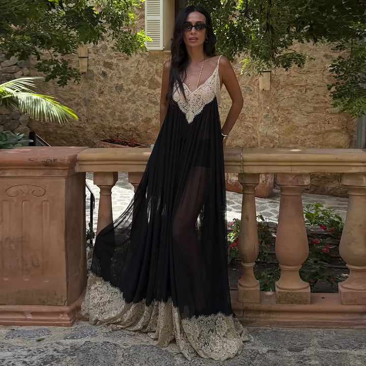שמלת מקסי שיפון בעיטור תחרה גב פתוח - שיראלה