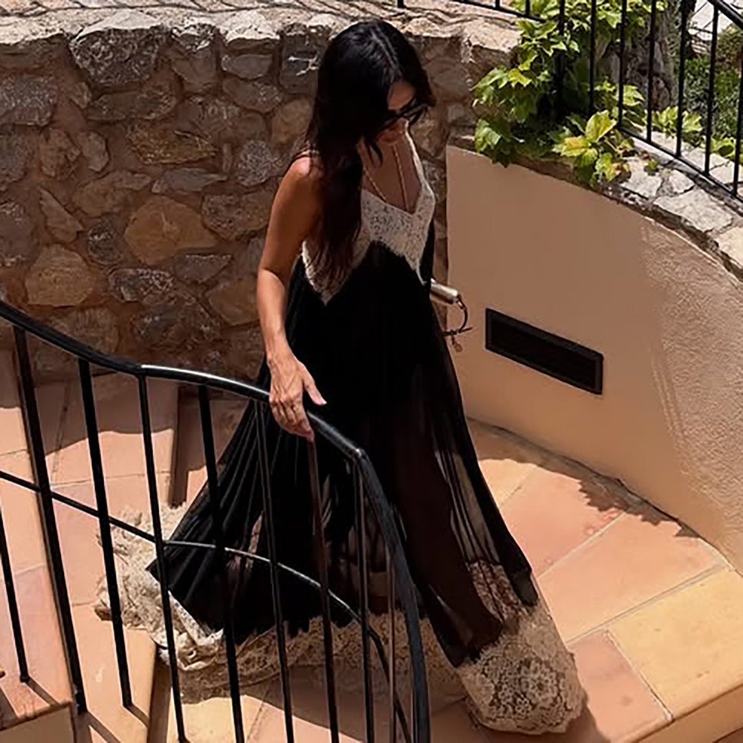 שמלת מקסי שיפון בעיטור תחרה גב פתוח - שיראלה