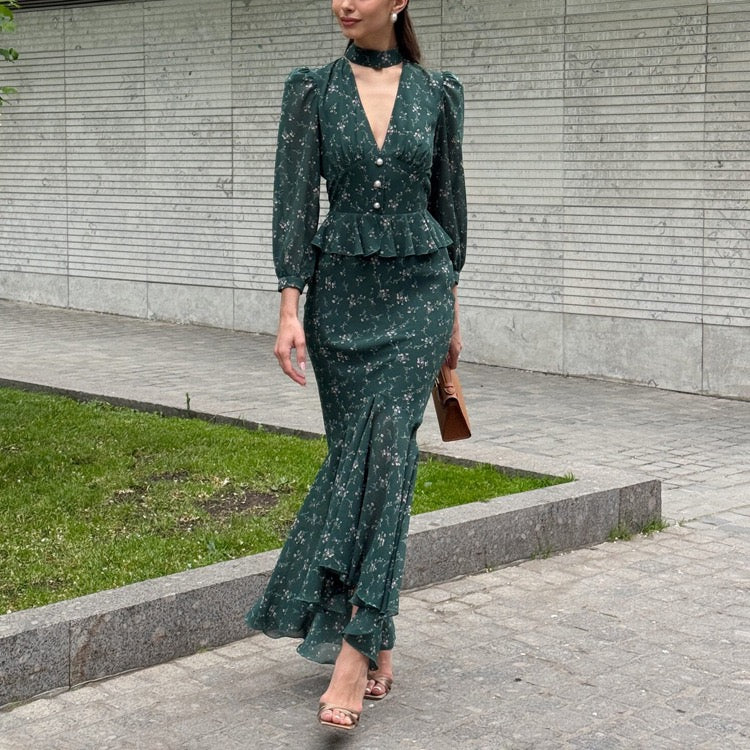 סט שיפון פרחוני שני חלקים חצאית מקסי וחולצת כפתורים  - MAOR