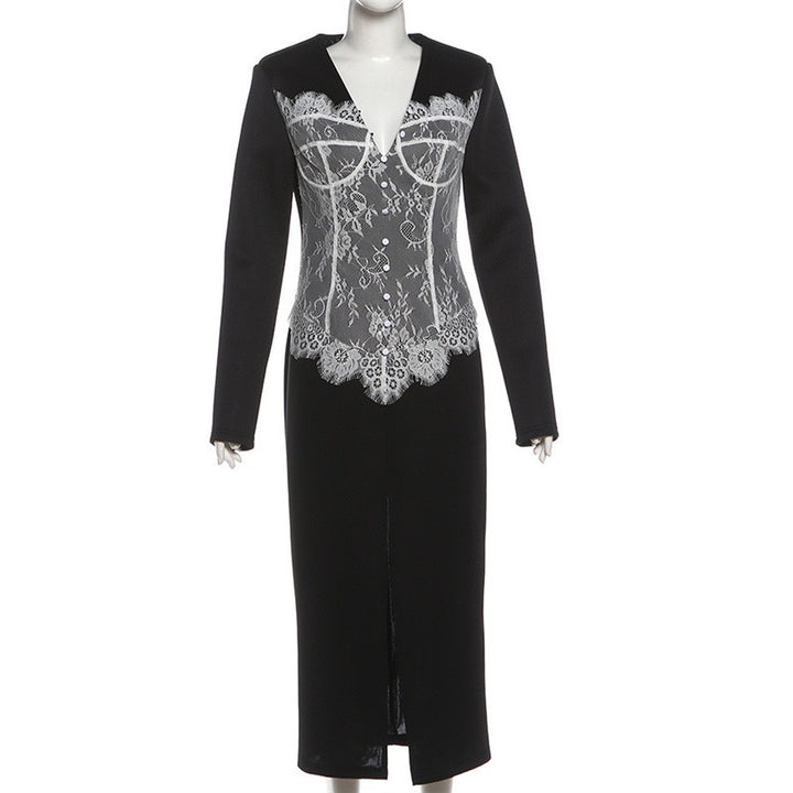 שמלת מקסי אלגנטית מחויטת בעיטור תחרה בעיצוב שסע - YANA