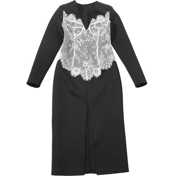 שמלת מקסי אלגנטית מחויטת בעיטור תחרה בעיצוב שסע - YANA