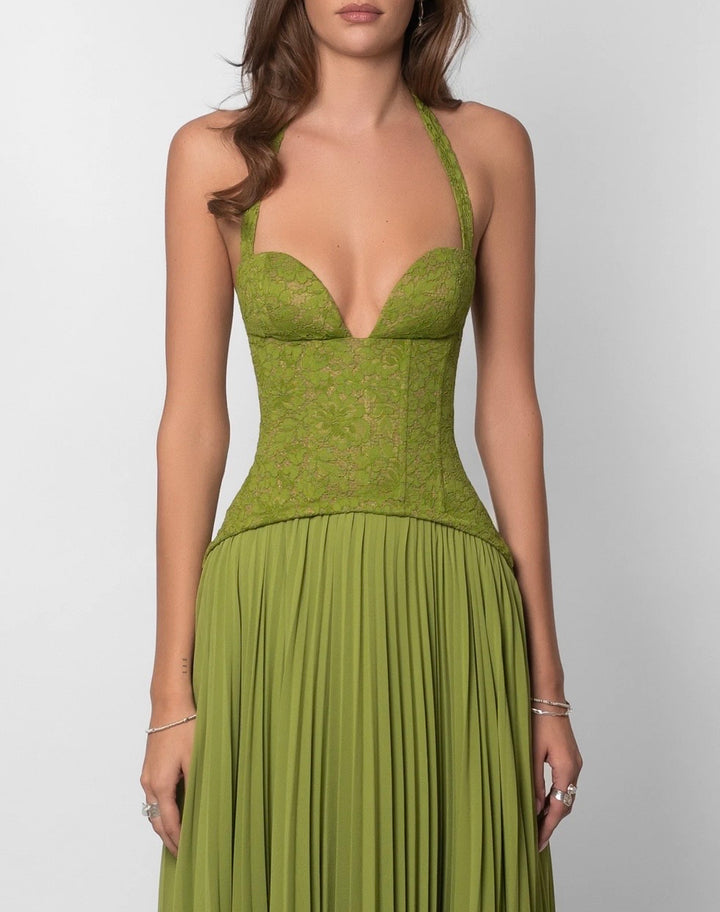 שמלת מקסי קיפולים בעיצוב תחרה קשירה בגב להצמדה במותן - MELIA
