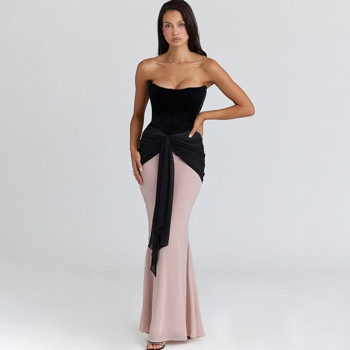 שמלת מקסי סטרפלס מחוך קטיפה בעיצוב כיווצים ושיפון - CAROLS