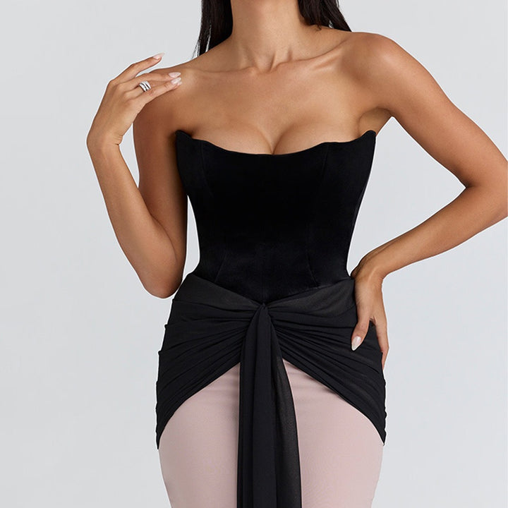 שמלת מקסי סטרפלס מחוך קטיפה בעיצוב כיווצים ושיפון - CAROLS