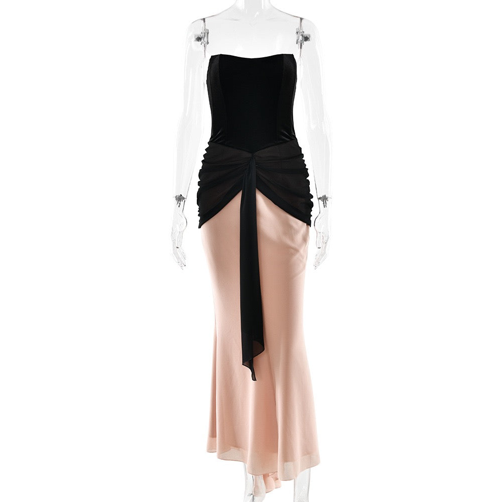 שמלת מקסי סטרפלס מחוך קטיפה בעיצוב כיווצים ושיפון - CAROLS