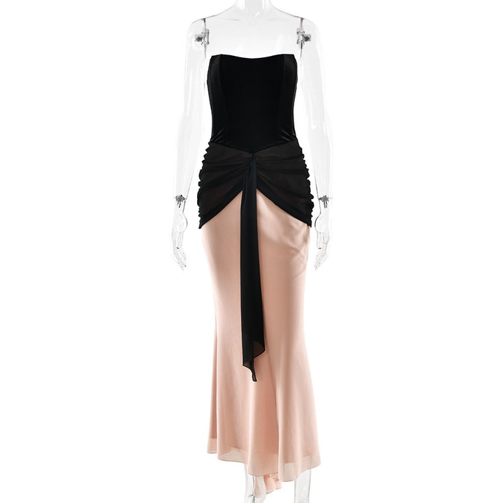 שמלת מקסי סטרפלס מחוך קטיפה בעיצוב כיווצים ושיפון - CAROLS