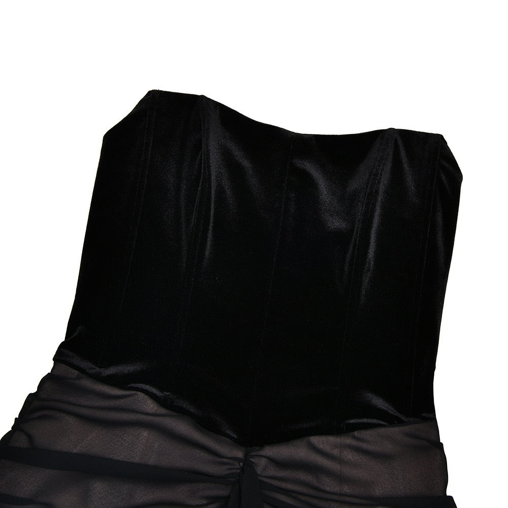 שמלת מקסי סטרפלס מחוך קטיפה בעיצוב כיווצים ושיפון - CAROLS