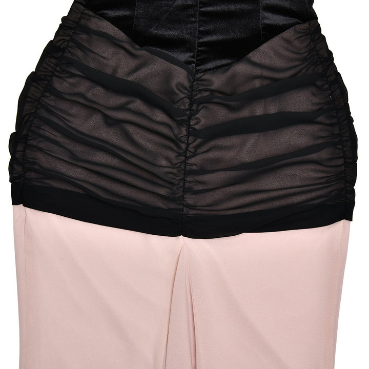 שמלת מקסי סטרפלס מחוך קטיפה בעיצוב כיווצים ושיפון - CAROLS