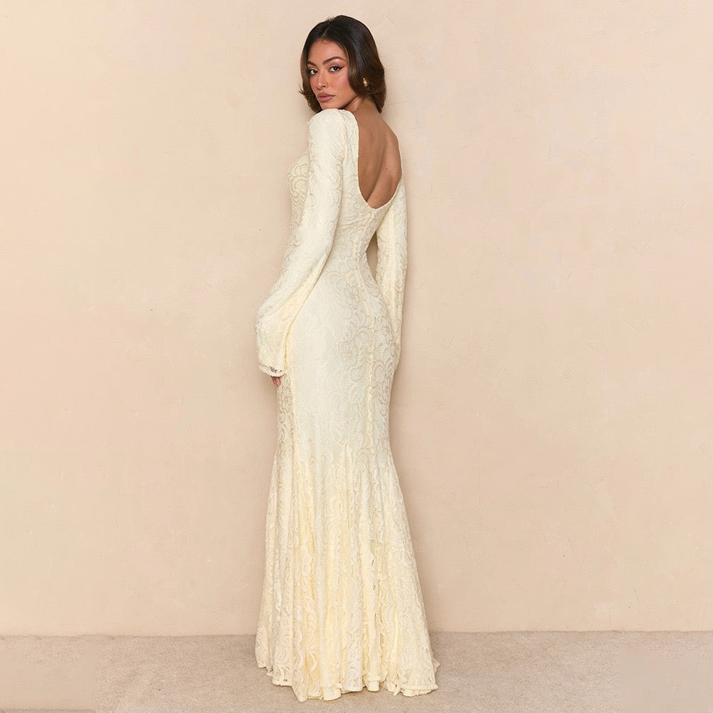 שמלת מקסי תחרה בגזרת בת הים גב פתוח בעיטור קשירה - נואלה