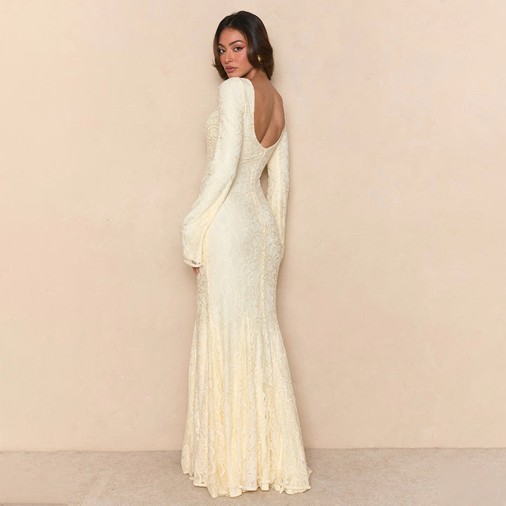 שמלת מקסי תחרה בגזרת בת הים גב פתוח בעיטור קשירה - נואלה