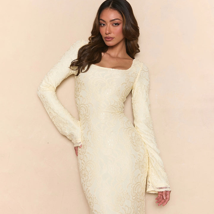 שמלת מקסי תחרה בגזרת בת הים גב פתוח בעיטור קשירה - נואלה