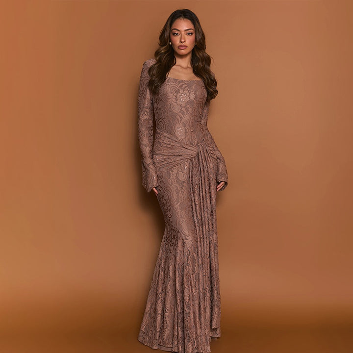 שמלת מקסי תחרה בגזרת בת הים גב פתוח בעיטור קשירה - נואלה