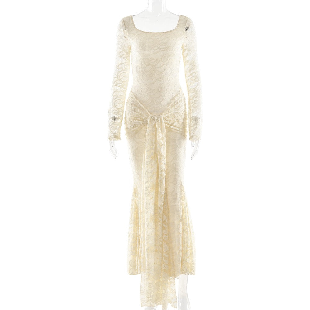 שמלת מקסי תחרה בגזרת בת הים גב פתוח בעיטור קשירה - נואלה