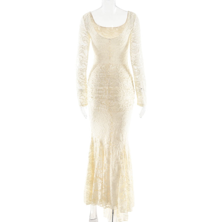 שמלת מקסי תחרה בגזרת בת הים גב פתוח בעיטור קשירה - נואלה