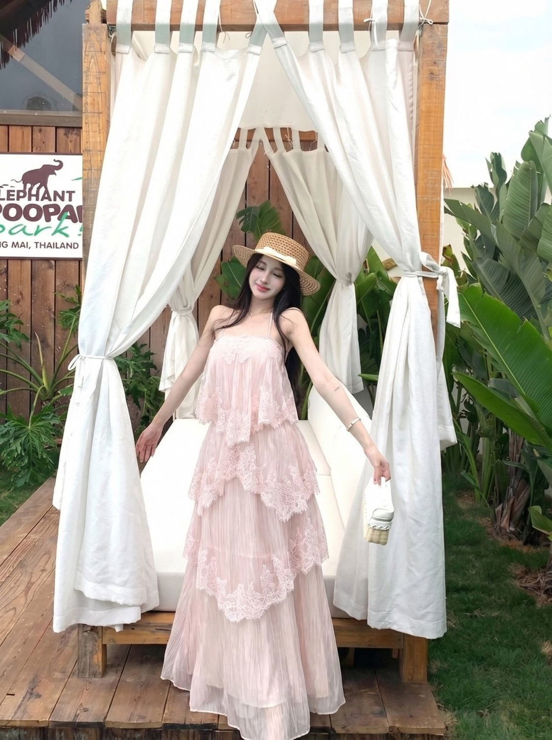 שמלת מיני/מקסי שיפון מלמלה מדורגת בעיטור תחרה - PRINCE