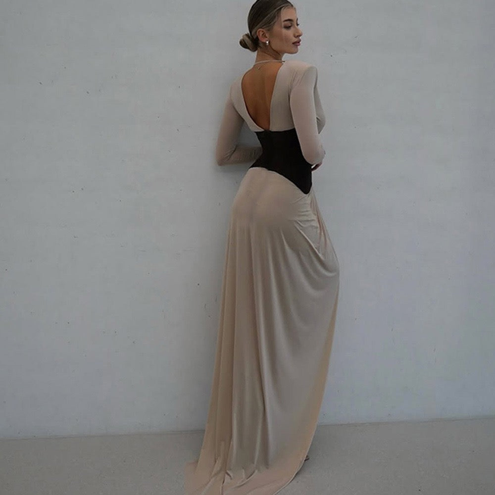 שמלת מקסי מחוך בעיצוב שסע וקיפולים מחשוף V גב פתוח - TANIR