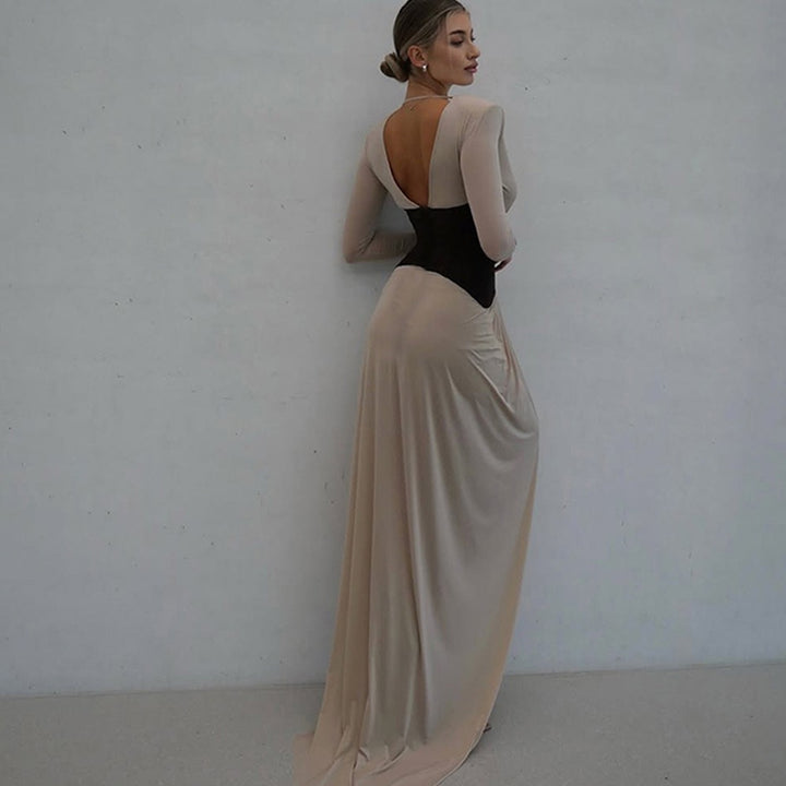 שמלת מקסי מחוך בעיצוב שסע וקיפולים מחשוף V גב פתוח - TANIR