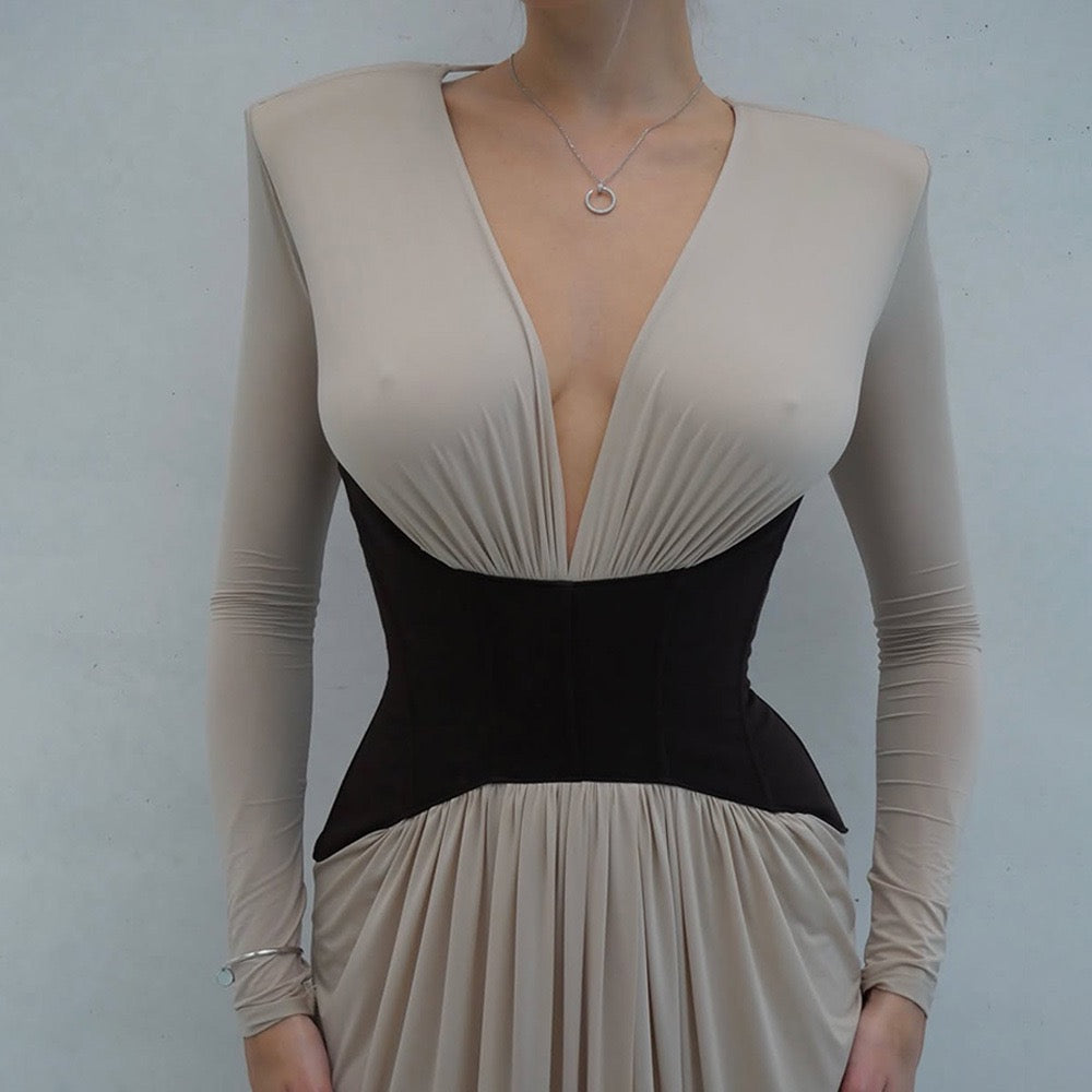 שמלת מקסי מחוך בעיצוב שסע וקיפולים מחשוף V גב פתוח - TANIR